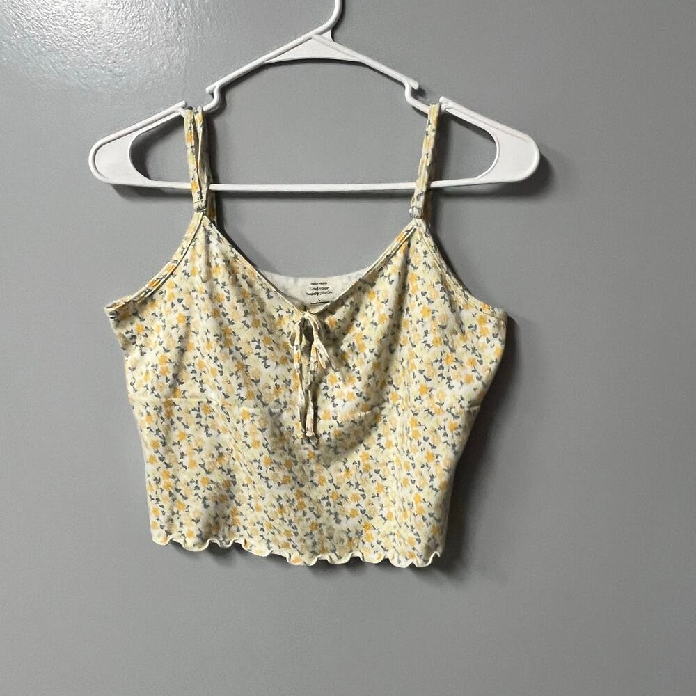 Gilly Hicks Floral Ribbed Crop Cami Top Yellow Gray Tie Front Lettuce Hem Large